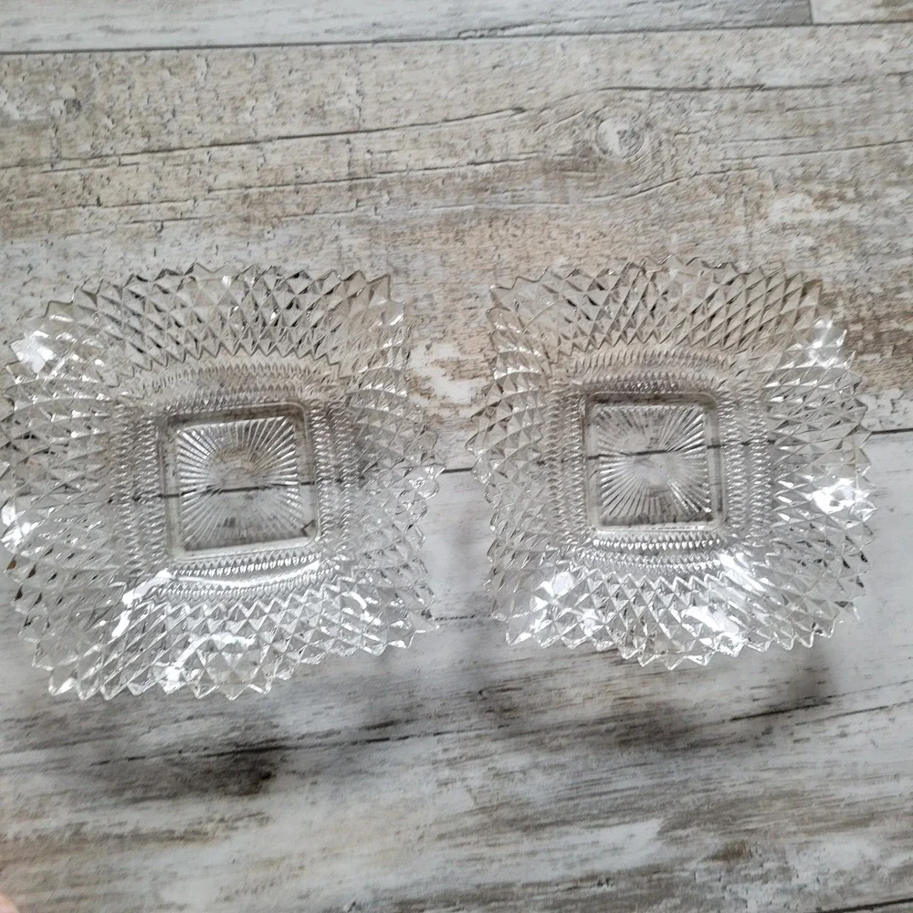 Pair of Vintage Indiana Glass Diamond Point‎ Square Bowls – Clear Pressed Glass